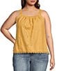 Color:Golden - Image 1 - Plus Size Embroidered Ruched Square Neck Sleeveless Scallop Hem Tank Top