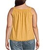 Color:Golden - Image 2 - Plus Size Embroidered Ruched Square Neck Sleeveless Scallop Hem Tank Top