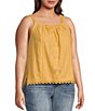Color:Golden - Image 4 - Plus Size Embroidered Ruched Square Neck Sleeveless Scallop Hem Tank Top
