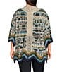Color:Navy-Mocha - Image 2 - Plus Size Textured Woven Printed 3/4 Sleeve Open-Front Scalloped Hem Crochet Kimono
