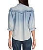 Color:Light Powder Blue - Image 2 - Woven Banded Collar 3/4 Sleeve Ruffle Trim Button-Front Shirt