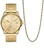 Color:Gold - Image 1 - Men's MS9 Three-Hand Date Gold-Tone Stainless Steel Bracelet Watch and Necklace Set