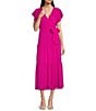 Color:Power Pink - Image 1 - Chiffon Surplice V Neckline Flutter Cap Sleeve Tiered Maxi Dress
