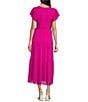 Color:Power Pink - Image 2 - Chiffon Surplice V Neckline Flutter Cap Sleeve Tiered Maxi Dress