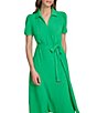 Color:Apple Green - Image 4 - Short Sleeve Collared V Neckline Short Puff Sleeve Midi Dress