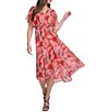 Color:Pink Multi - Image 1 - Crinkle Chiffon Printed V-Neck Flutter Sleeve Asymmetrical Hem Midi Dress