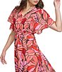 Color:Pink Multi - Image 4 - Crinkle Chiffon Printed V-Neck Flutter Sleeve Asymmetrical Hem Midi Dress