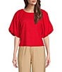 Color:Flame - Image 1 - Linen Crew Neck Short Puff Sleeve Top
