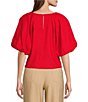 Color:Flame - Image 2 - Linen Crew Neck Short Puff Sleeve Top