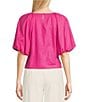 Color:Shocking Pink - Image 2 - Linen Crew Neck Short Puff Sleeve Top