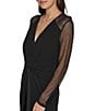 Color:Black - Image 3 - Long Mesh Sleeve V-Neck Drape Front Dress