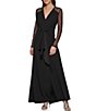 Color:Black - Image 1 - Long Mesh Sleeve V-Neck Drape Front Dress
