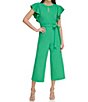 Color:Apple Green - Image 1 - Petite Size Short Flutter Sleeve Keyhole Crew Neck Belted Wide Leg Cropped Jumpsuit