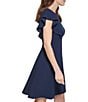 Color:Navy - Image 3 - Petite Size Short Flutter Sleeve Round Neck Scuba Crepe Fit and Flare Dress