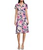 Color:Power Pink - Image 1 - Petite Size Short Sleeve V-Neck Floral Crinkle Chiffon Fit And Flare Dress