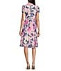 Color:Power Pink - Image 2 - Petite Size Short Sleeve V-Neck Floral Crinkle Chiffon Fit And Flare Dress