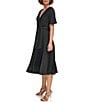Color:Black - Image 3 - Pleated Surplice V-Neckline Short Sleeve Midi Dress