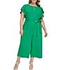 Color:Apple Green - Image 1 - Dkny Plus Size Short Flutter Sleeve Crew Neck Tie Waist Cropped Leg Jumpsuit