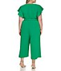 Color:Apple Green - Image 2 - Dkny Plus Size Short Flutter Sleeve Crew Neck Tie Waist Cropped Leg Jumpsuit
