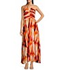 Color:Orange Blossom - Image 1 - Printed Satin Halter Neckline Ruched Bodice Maxi Dress