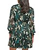 Color:Pine Multi - Image 3 - Printed Surplice V-Neck Illusion Long Sleeve Smocked Waist Fit and Flare Dress