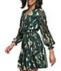 Color:Pine Multi - Image 4 - Printed Surplice V-Neck Illusion Long Sleeve Smocked Waist Fit and Flare Dress