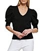 Color:Black - Image 1 - Short Pleated Puffed Elbow Sleeve V-Neck Knit Top