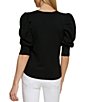Color:Black - Image 2 - Short Pleated Puffed Elbow Sleeve V-Neck Knit Top
