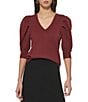 Color:Cabernet - Image 1 - Short Pleated Puffed Elbow Sleeve V-Neck Knit Top