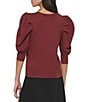 Color:Cabernet - Image 2 - Short Pleated Puffed Elbow Sleeve V-Neck Knit Top