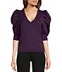 Color:Blackberry - Image 1 - Short Pleated Puffed Elbow Sleeve V-Neck Knit Top