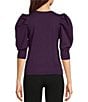 Color:Blackberry - Image 2 - Short Pleated Puffed Elbow Sleeve V-Neck Knit Top