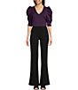 Color:Blackberry - Image 3 - Short Pleated Puffed Elbow Sleeve V-Neck Knit Top