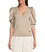 Color:Pebble - Image 1 - Short Pleated Puffed Elbow Sleeve V-Neck Knit Top