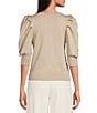Color:Pebble - Image 2 - Short Pleated Puffed Elbow Sleeve V-Neck Knit Top
