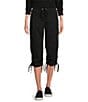 Color:Black - Image 1 - Sport Peached Poplin Ribbed Waist Convertible Cinched Cargo Capri Pull-On Pant