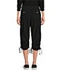 Color:Black - Image 2 - Sport Peached Poplin Ribbed Waist Convertible Cinched Cargo Capri Pull-On Pant