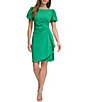 Color:Apple Green - Image 1 - Stretch Crepe Boat Neckline Short Puff Sleeve Ruched Front Sheath Dress