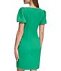 Color:Apple Green - Image 2 - Stretch Crepe Boat Neckline Short Puff Sleeve Ruched Front Sheath Dress