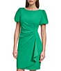 Color:Apple Green - Image 3 - Stretch Crepe Boat Neckline Short Puff Sleeve Ruched Front Sheath Dress