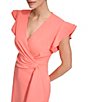Color:Orange - Image 5 - Stretch Crepe Surplice V Neckline Flutter Short Sleeve Sheath Dress