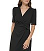 Color:Black - Image 3 - Surplice V-Neck Short Puffed Sleeve Twisted Waist Stretch Faux Wrap Dress