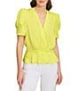 Color:Fluorescent Yellow - Image 1 - Surplice V Neckline Short Puff Sleeve Peplum Blouse