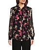 Color:Black/Shocking Pink - Image 1 - Woven Printed Button Down Collar Long Sleeve Blouse
