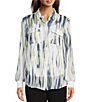 Color:White/Ink Blue - Image 1 - Woven Printed Button Down Collar Long Sleeve Blouse