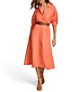 Color:Melon - Image 1 - 3/4 Sleeve Collared Neck Belted Linen Blend Midi Shirt Dress