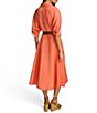Color:Melon - Image 2 - 3/4 Sleeve Collared Neck Belted Linen Blend Midi Shirt Dress