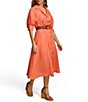 Color:Melon - Image 3 - 3/4 Sleeve Collared Neck Belted Linen Blend Midi Shirt Dress
