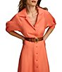 Color:Melon - Image 4 - 3/4 Sleeve Collared Neck Belted Linen Blend Midi Shirt Dress