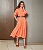 Color:Melon - Image 5 - 3/4 Sleeve Collared Neck Belted Linen Blend Midi Shirt Dress